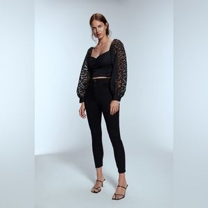 Zara Black Contrasting Organza Crop Top with Sheer Cheetah Print Sleeve Sz Small